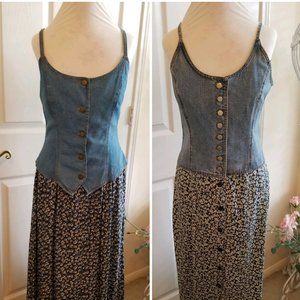 Lot Of 2 Vintage Denim Vest Dresses Womens Size 10-12 Flowered Print